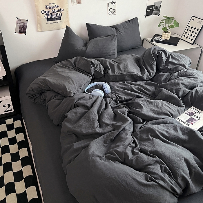 91家纺网 家纺一手货源 找家纺 优佳优品 2024新款ins风超柔褶皱亲肤磨毛水洗棉四件套 布鲁灰