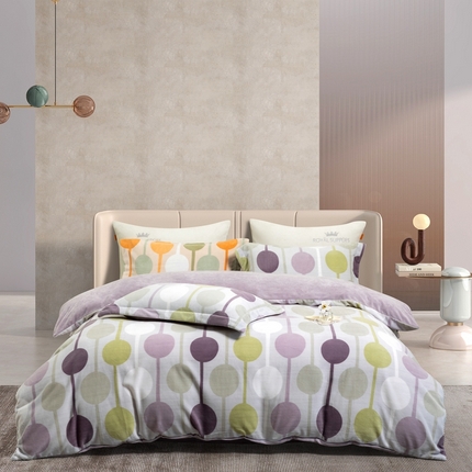 91家纺网 家纺一手货源 找家纺 宜家坊 2024新款加厚保暖印花牛奶绒四件套 迷境-灰紫