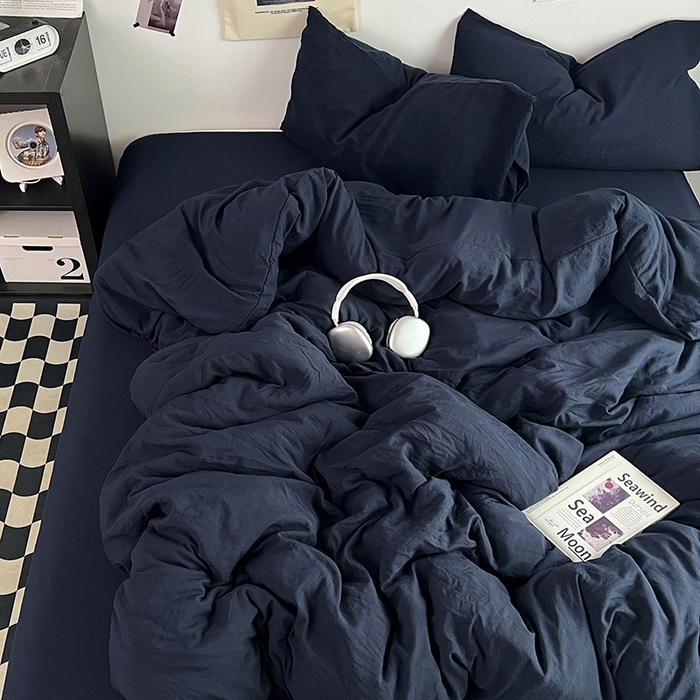 91家纺网 家纺一手货源 找家纺 优佳优品 2024新款ins风超柔褶皱亲肤磨毛水洗棉四件套 梦幻蓝