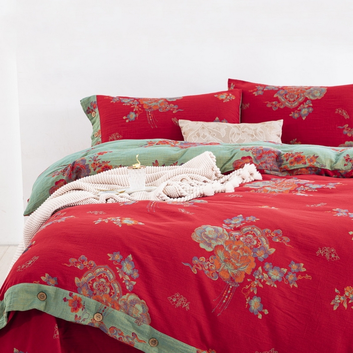 91家纺网 家纺一手货源 找家纺 鲁爱 2025新款全棉色织双层纱纽扣款四件套 锦绣芳华