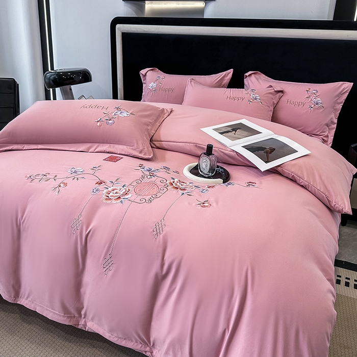 91家纺网 家纺一手货源 找家纺 梦舒羽 2025新款加厚亲肤棉磨毛刺绣四件套-平安喜乐 平安喜乐-豆沙