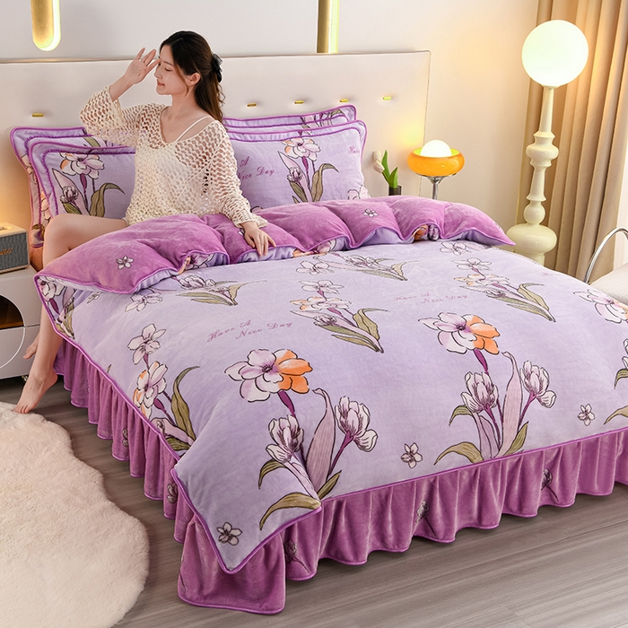 91家纺网 家纺一手货源 找家纺 芯诗曼2025新款8.5斤直播热款高克重牛奶绒法莱绒水晶金貂法莱绒四件套香芋之恋