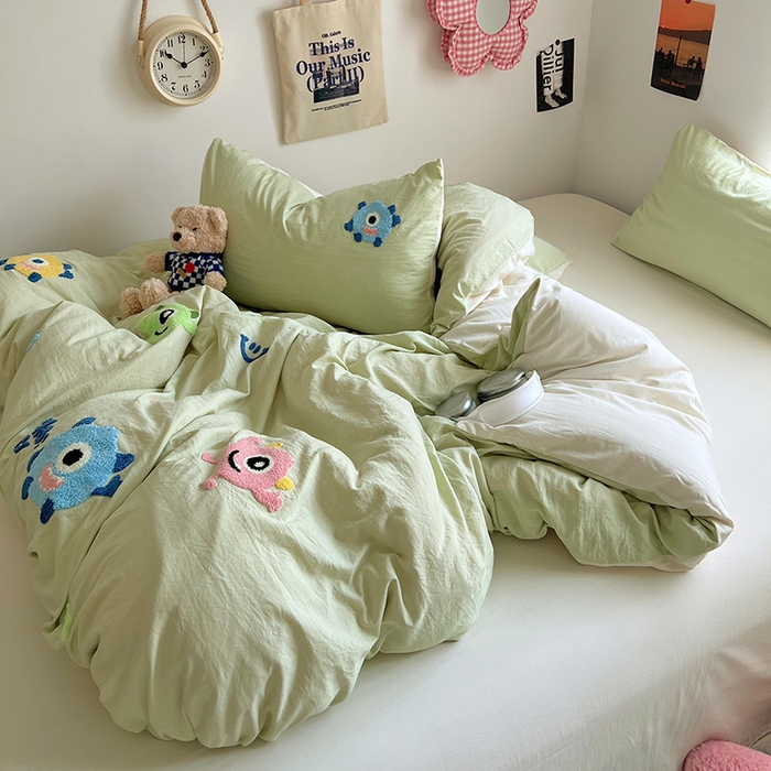 91家纺网 家纺一手货源 找家纺 优佳优品 2024新款水洗棉毛巾绣四件套（可提供买家秀） 大怪兽绿