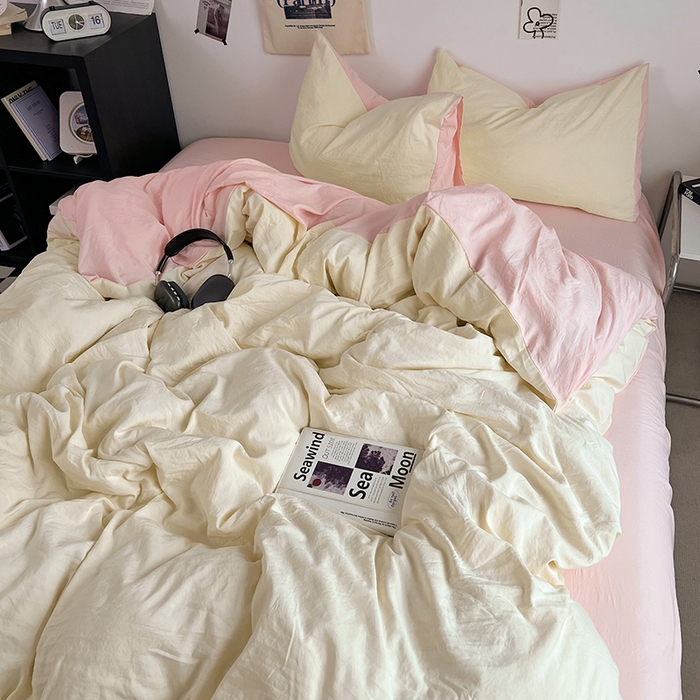 91家纺网 家纺一手货源 找家纺 优佳优品 2024新款ins风超柔褶皱亲肤磨毛水洗棉四件套 柠檬粉