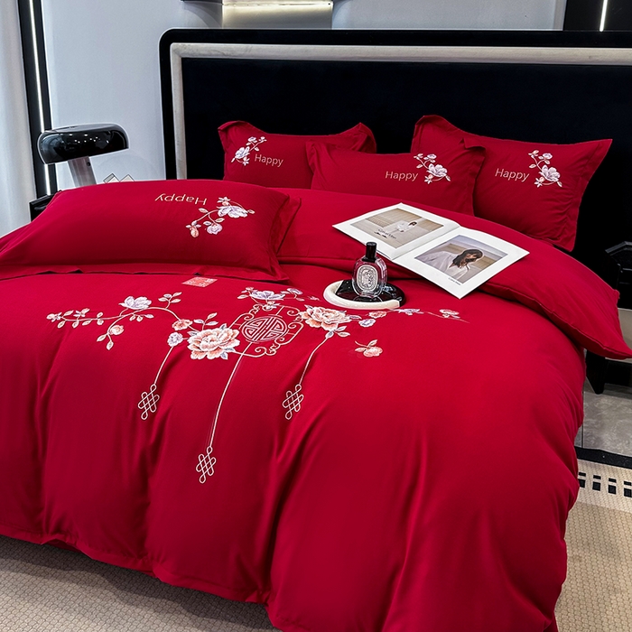 91家纺网 家纺一手货源 找家纺 梦舒羽 2025新款加厚亲肤棉磨毛刺绣四件套-平安喜乐 平安喜乐-红