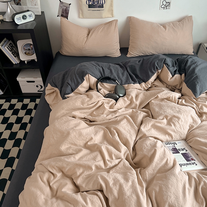 91家纺网 家纺一手货源 找家纺 优佳优品 2024新款ins风超柔褶皱亲肤磨毛水洗棉四件套 卡其深灰