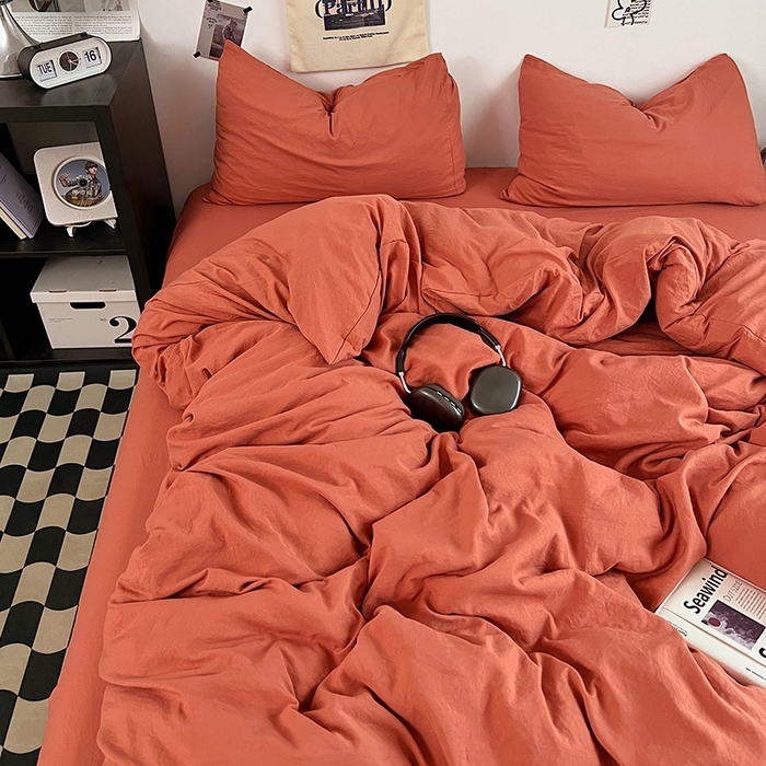 91家纺网 家纺一手货源 找家纺 优佳优品 2024新款ins风超柔褶皱亲肤磨毛水洗棉四件套 浪漫橙