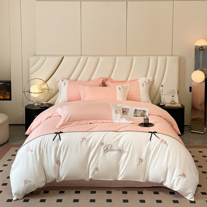 91家纺网 家纺一手货源 找家纺 遇见家居生活馆 2024新款亲肤棉刺绣四件套-蝶恋花 蝶恋花-奶油粉