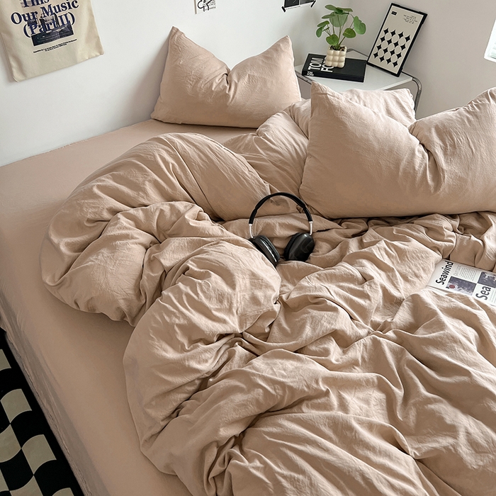 91家纺网 家纺一手货源 找家纺 优佳优品 2024新款ins风超柔褶皱亲肤磨毛水洗棉四件套 奶茶