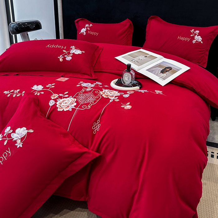 91家纺网 家纺一手货源 找家纺 梦舒羽 2025新款加厚亲肤棉磨毛刺绣四件套-平安喜乐 平安喜乐-红