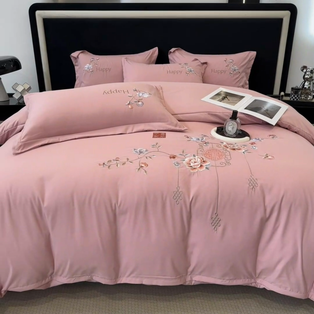 91家纺网 家纺一手货源 找家纺 梦舒羽 2025新款加厚亲肤棉磨毛刺绣四件套-平安喜乐 平安喜乐-豆沙