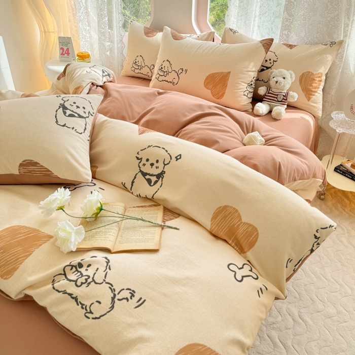 91家纺网 家纺一手货源 找家纺 千朵 2024新款全棉磨毛印花四件套 奶酪狗