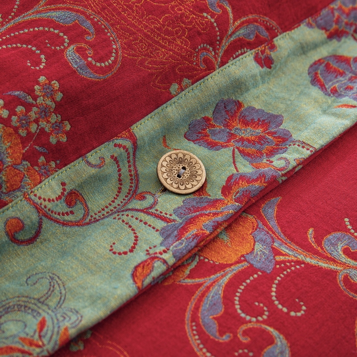 91家纺网 家纺一手货源 找家纺 鲁爱 2025新款全棉色织双层纱纽扣款四件套 陌上花开-红