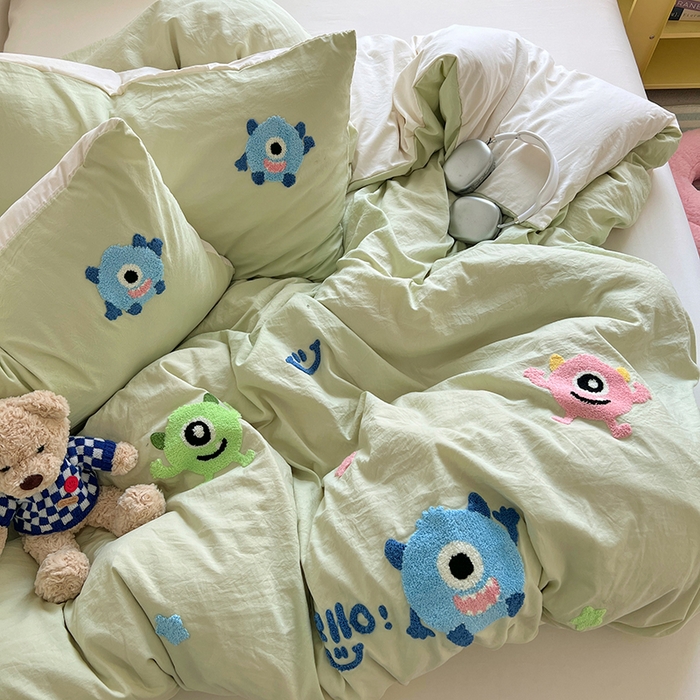 91家纺网 家纺一手货源 找家纺 优佳优品 2024新款水洗棉毛巾绣四件套（可提供买家秀） 大怪兽绿