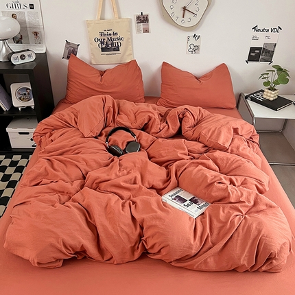 优佳优品 2024新款ins风超柔褶皱亲肤磨毛水洗棉四件套 浪漫橙
