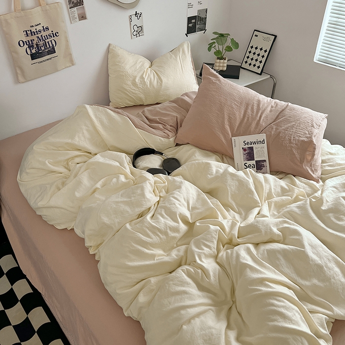 91家纺网 家纺一手货源 找家纺 优佳优品 2024新款ins风超柔褶皱亲肤磨毛水洗棉四件套 菊蕊奶黄