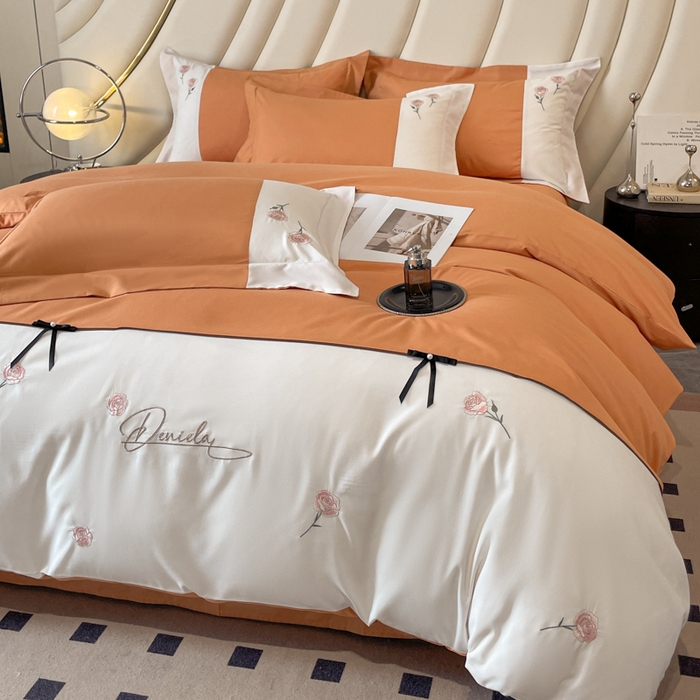 91家纺网 家纺一手货源 找家纺 遇见家居生活馆 2024新款亲肤棉刺绣四件套-蝶恋花 蝶恋花-南瓜橘