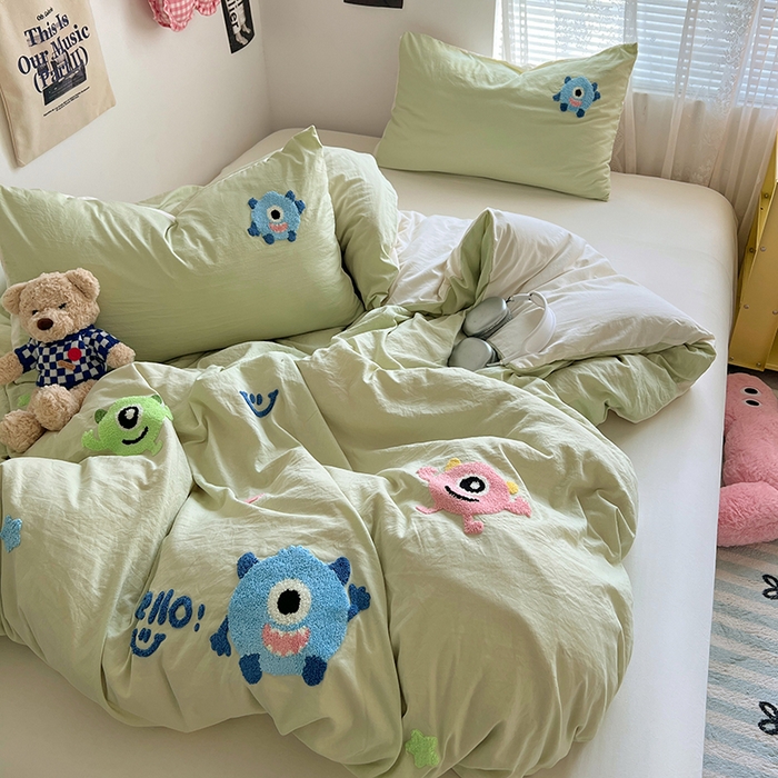 91家纺网 家纺一手货源 找家纺 优佳优品 2024新款水洗棉毛巾绣四件套（可提供买家秀） 大怪兽绿