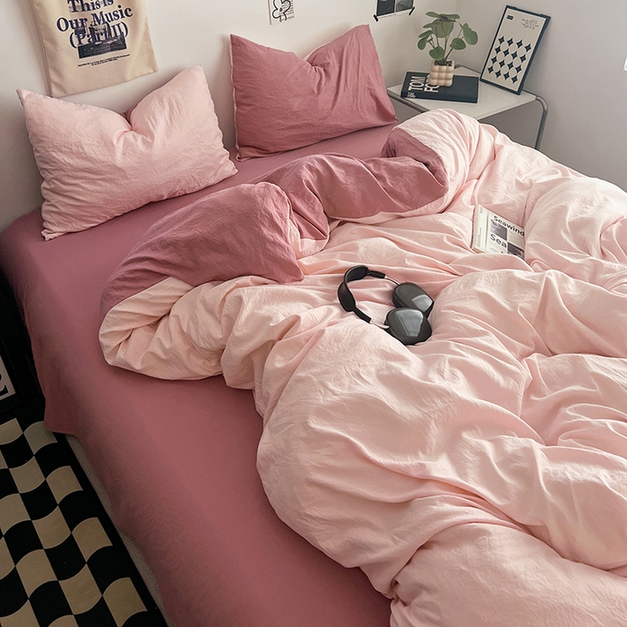 91家纺网 家纺一手货源 找家纺 优佳优品 2024新款ins风超柔褶皱亲肤磨毛水洗棉四件套 芭比粉红