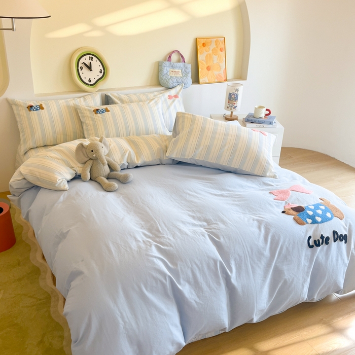 91家纺网 家纺一手货源 找家纺 千朵 2024新款全棉磨毛绣花毛巾绣四件套 蝴蝶结狗