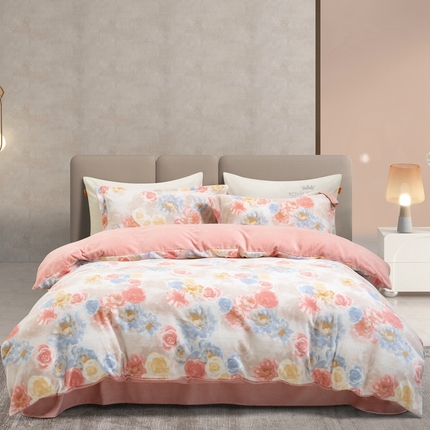 91家纺网 家纺一手货源 找家纺 宜家坊 2024新款加厚保暖印花牛奶绒四件套 秘密花园