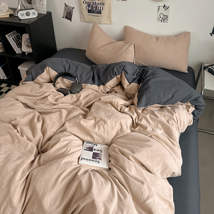 91家纺网 家纺一手货源 找家纺 优佳优品 2024新款ins风超柔褶皱亲肤磨毛水洗棉四件套 卡其深灰