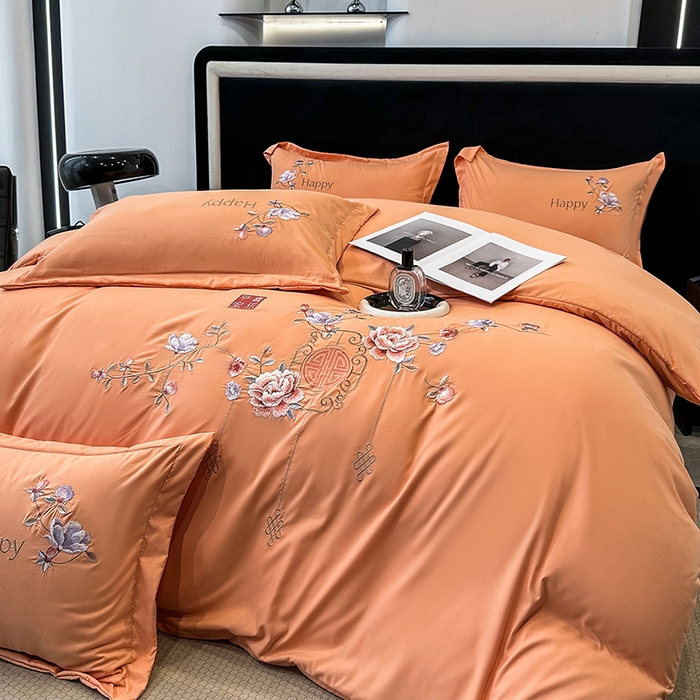 91家纺网 家纺一手货源 找家纺 梦舒羽 2025新款加厚亲肤棉磨毛刺绣四件套-平安喜乐 平安喜乐-橙色