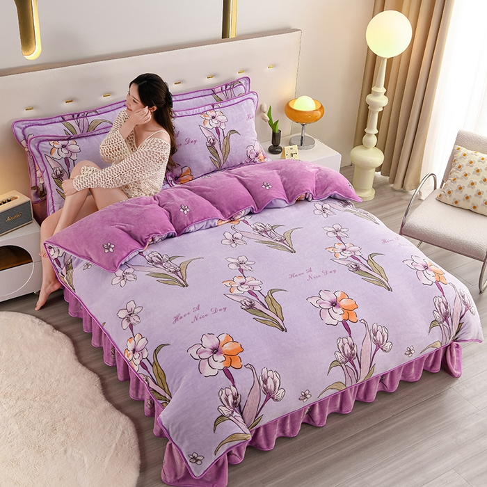 91家纺网 家纺一手货源 找家纺 芯诗曼2025新款8.5斤直播热款高克重牛奶绒法莱绒水晶金貂法莱绒四件套香芋之恋