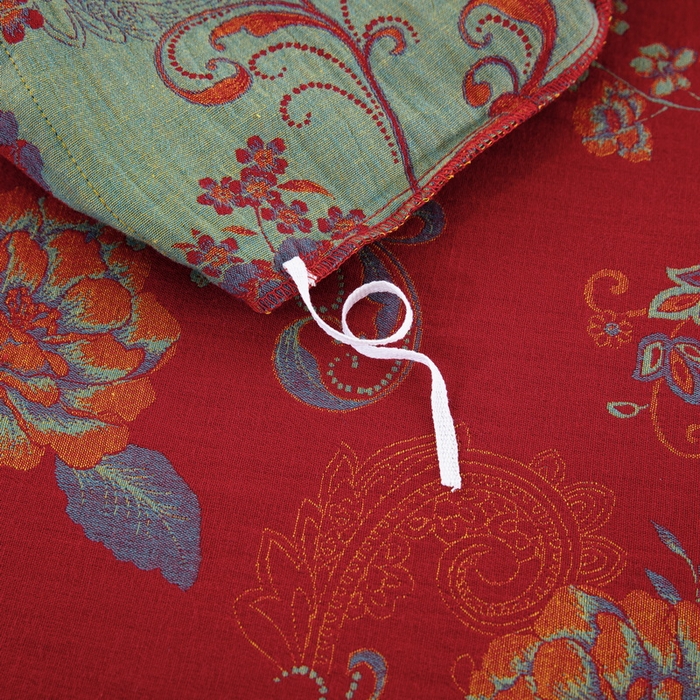 91家纺网 家纺一手货源 找家纺 鲁爱 2025新款全棉色织双层纱纽扣款四件套 陌上花开-红