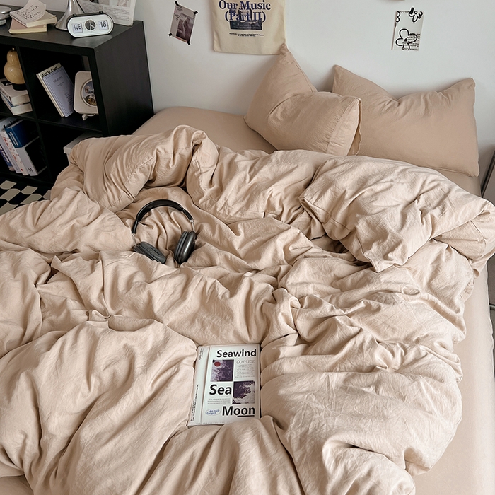 91家纺网 家纺一手货源 找家纺 优佳优品 2024新款ins风超柔褶皱亲肤磨毛水洗棉四件套 奶茶