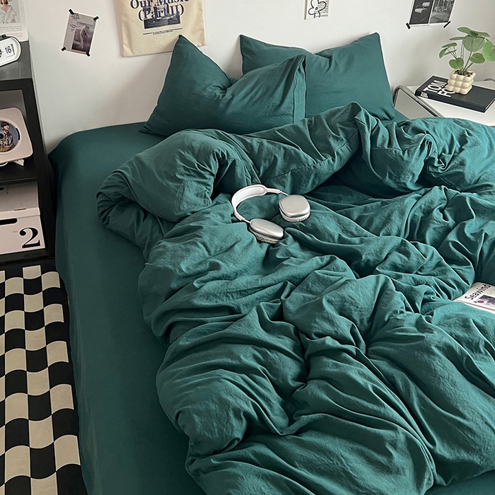91家纺网 家纺一手货源 找家纺 优佳优品 2024新款ins风超柔褶皱亲肤磨毛水洗棉四件套 宝石绿