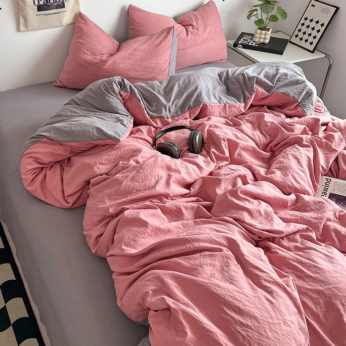 91家纺网 家纺一手货源 找家纺 优佳优品 2024新款ins风超柔褶皱亲肤磨毛水洗棉四件套 豆沙浅灰