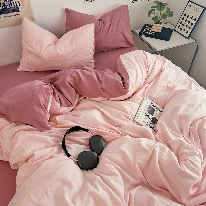 91家纺网 家纺一手货源 找家纺 优佳优品 2024新款ins风超柔褶皱亲肤磨毛水洗棉四件套 芭比粉红