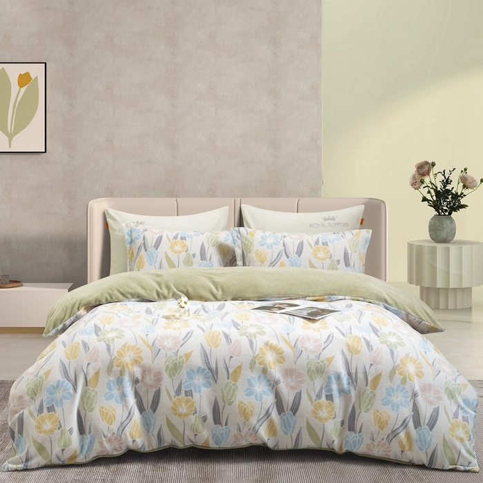 91家纺网 家纺一手货源 找家纺 宜家坊 2024新款加厚保暖印花牛奶绒四件套 郁香轻语-奶绿