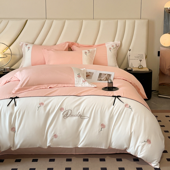 91家纺网 家纺一手货源 找家纺 遇见家居生活馆 2024新款亲肤棉刺绣四件套-蝶恋花 蝶恋花-奶油粉