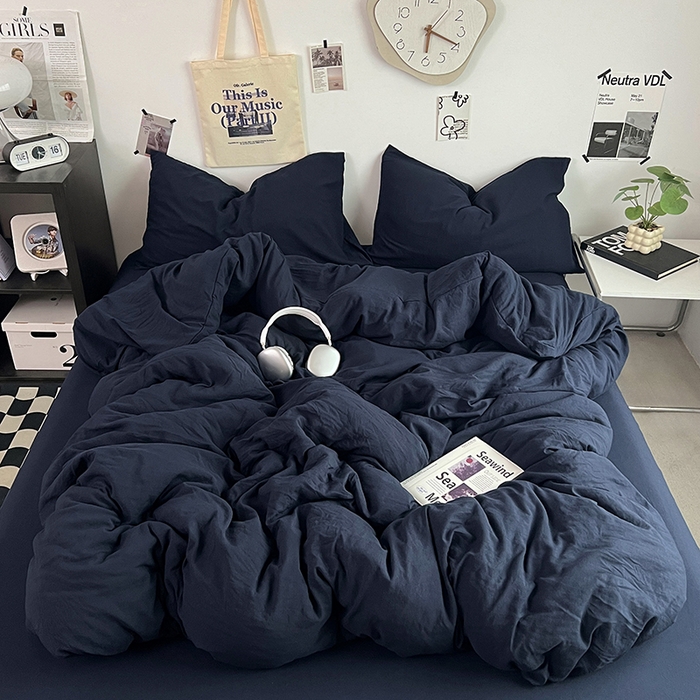 91家纺网 家纺一手货源 找家纺 优佳优品 2024新款ins风超柔褶皱亲肤磨毛水洗棉四件套 梦幻蓝