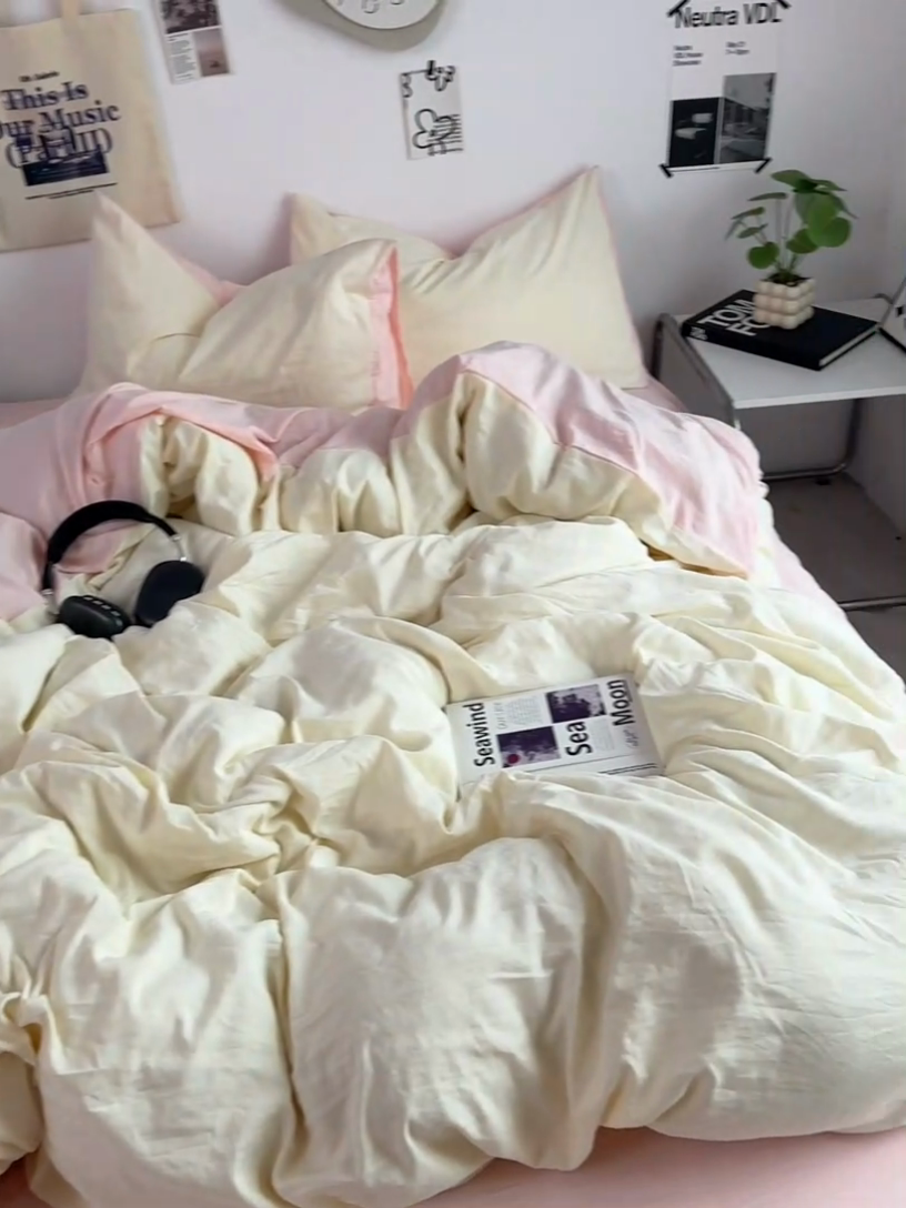 91家纺网 家纺一手货源 找家纺 优佳优品 2024新款ins风超柔褶皱亲肤磨毛水洗棉四件套 柠檬粉