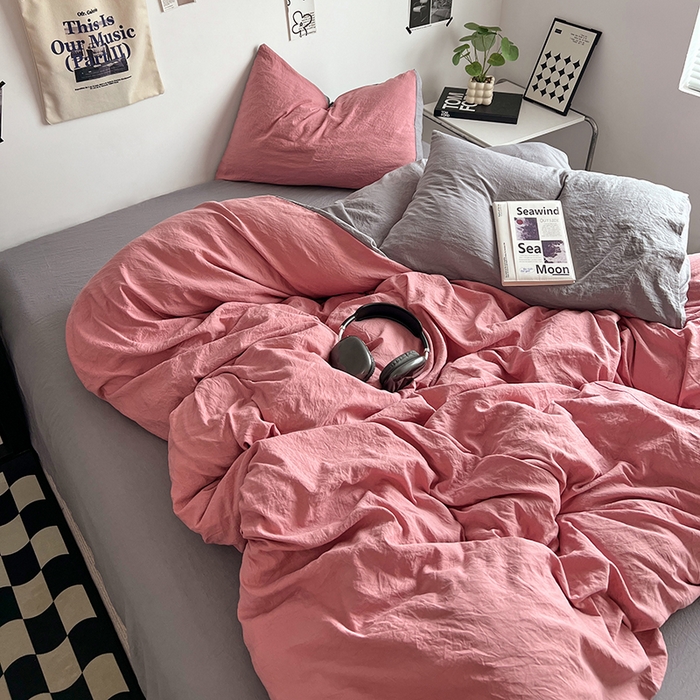 91家纺网 家纺一手货源 找家纺 优佳优品 2024新款ins风超柔褶皱亲肤磨毛水洗棉四件套 豆沙浅灰