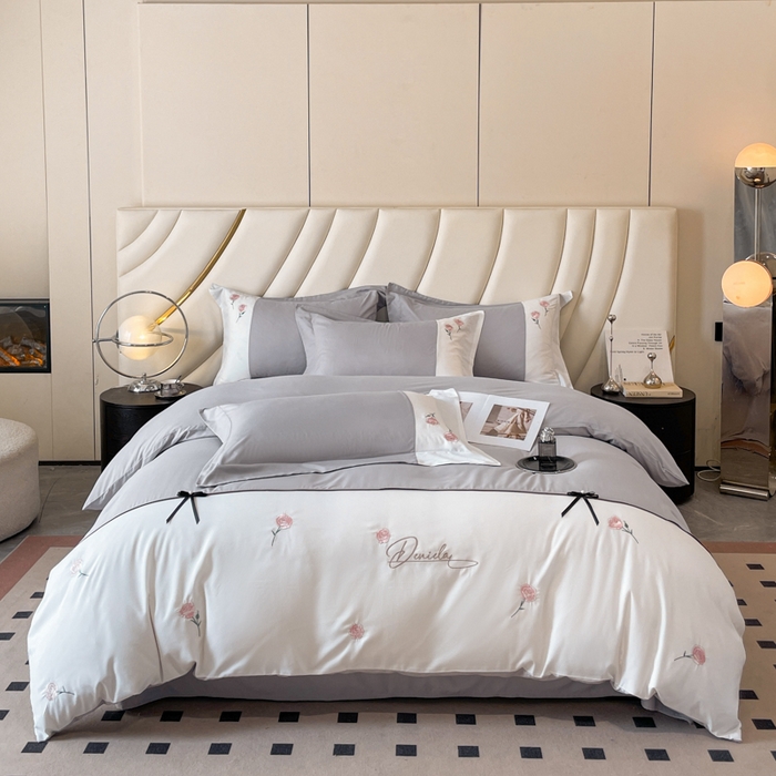 91家纺网 家纺一手货源 找家纺 遇见家居生活馆 2024新款亲肤棉刺绣四件套-蝶恋花 蝶恋花-浅灰