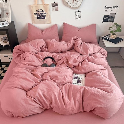 优佳优品 2024新款ins风超柔褶皱亲肤磨毛水洗棉四件套 梦露粉