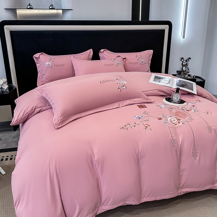 91家纺网 家纺一手货源 找家纺 梦舒羽 2025新款加厚亲肤棉磨毛刺绣四件套-平安喜乐 平安喜乐-豆沙