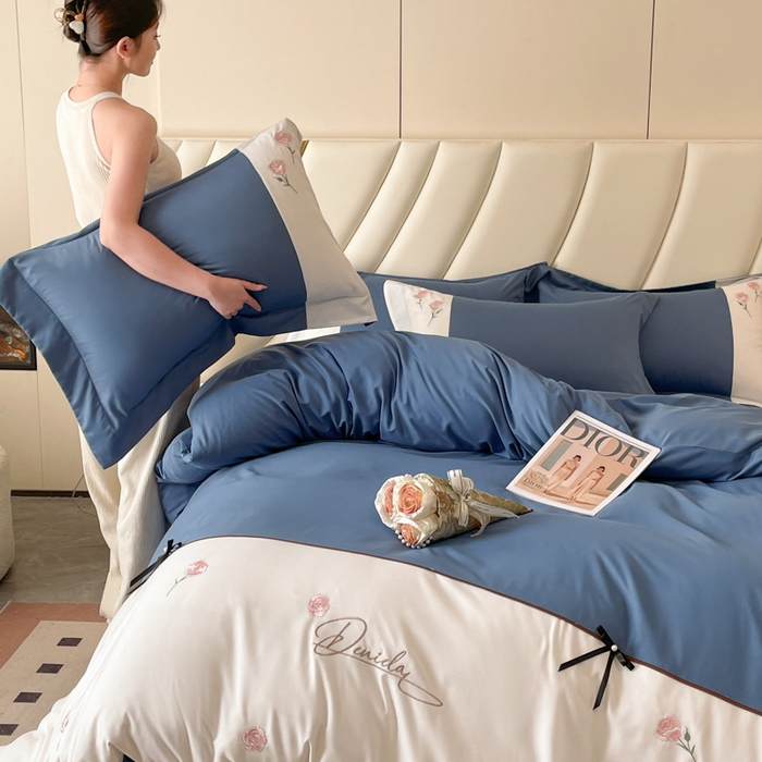 91家纺网 家纺一手货源 找家纺 遇见家居生活馆 2024新款亲肤棉刺绣四件套-蝶恋花 蝶恋花-宾利蓝