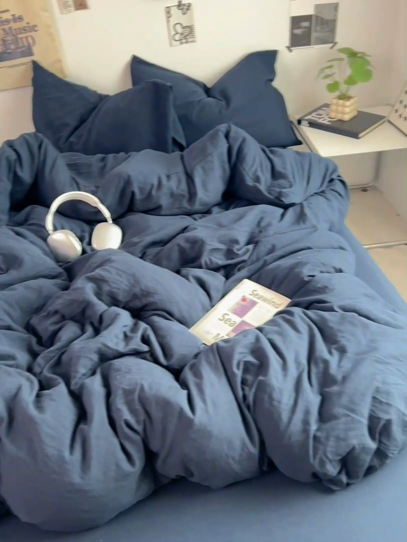 91家纺网 家纺一手货源 找家纺 优佳优品 2024新款ins风超柔褶皱亲肤磨毛水洗棉四件套 梦幻蓝