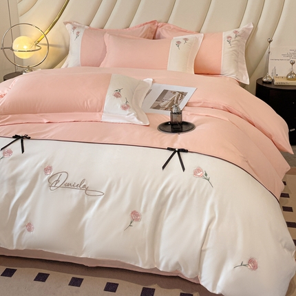 遇见家居生活馆 2024新款亲肤棉刺绣四件套-蝶恋花 蝶恋花-奶油粉