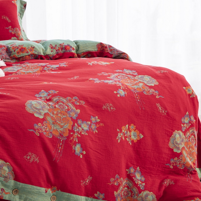 91家纺网 家纺一手货源 找家纺 鲁爱 2025新款全棉色织双层纱纽扣款四件套 锦绣芳华