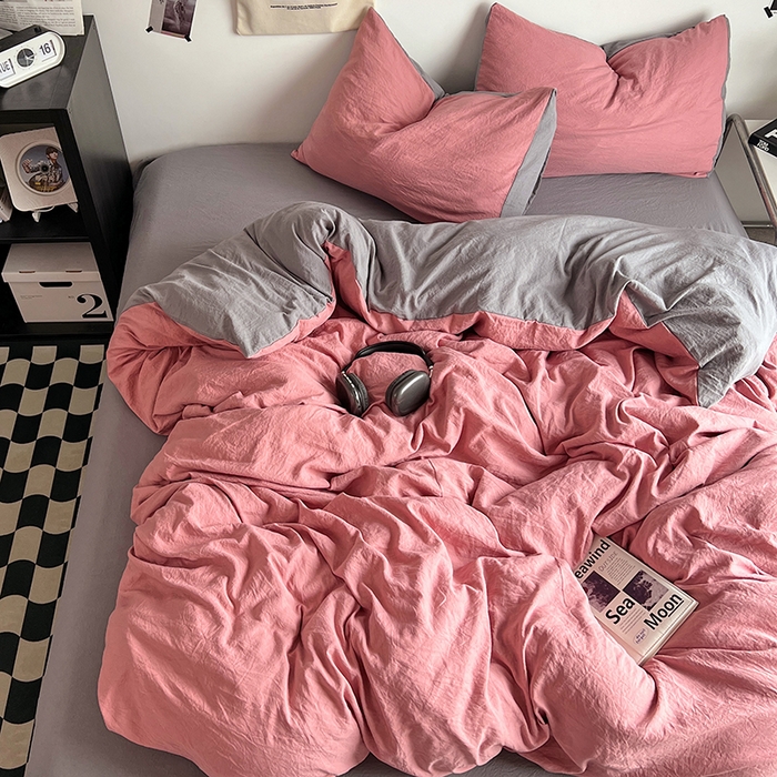 91家纺网 家纺一手货源 找家纺 优佳优品 2024新款ins风超柔褶皱亲肤磨毛水洗棉四件套 豆沙浅灰