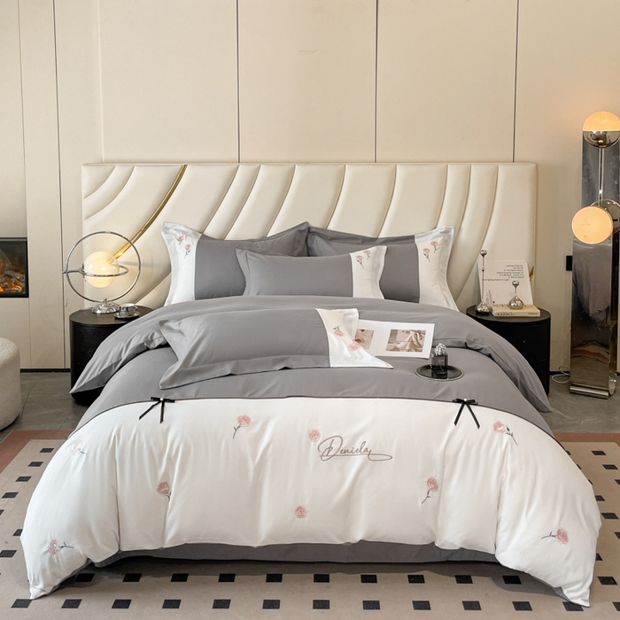 91家纺网 家纺一手货源 找家纺 遇见家居生活馆 2024新款亲肤棉刺绣四件套-蝶恋花 蝶恋花-中灰