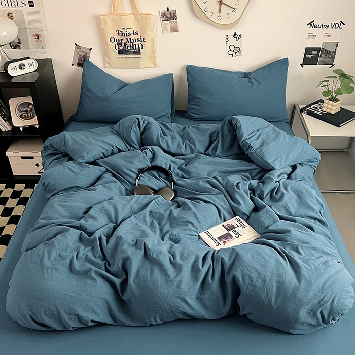 91家纺网 家纺一手货源 找家纺 优佳优品 2024新款ins风超柔褶皱亲肤磨毛水洗棉四件套 梵星蓝