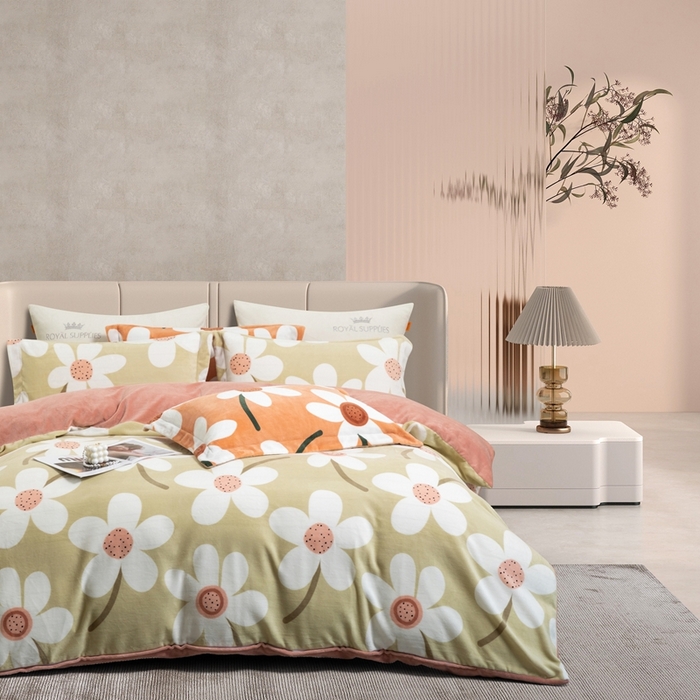 91家纺网 家纺一手货源 找家纺 宜家坊 2024新款加厚保暖印花牛奶绒四件套 简韵-胭粉