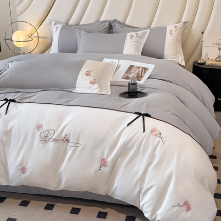 遇见家居生活馆 2024新款亲肤棉刺绣四件套-蝶恋花 蝶恋花-浅灰